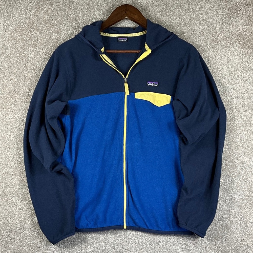 Patagonia Micro D Full Zip Fleece Hoodie Navy Blue Yellow Colorblock 12/14 L/XL